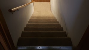 A carpeted staircase with wooden handrails and a wooden panel wall at the top. - Basement Rental for EAA. 4.2 miles from EAA. (Oshkosh)