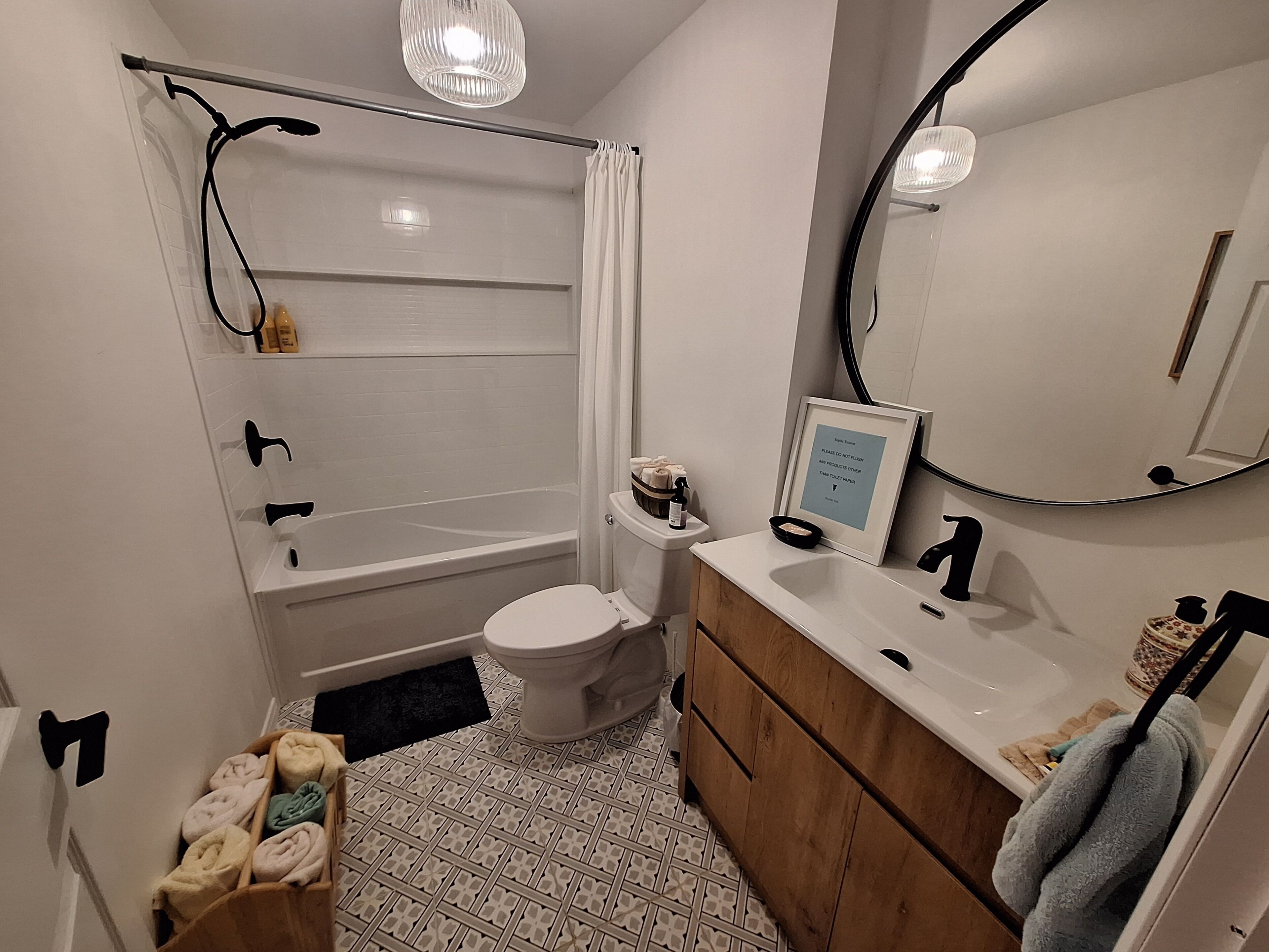 Hair dryer, towels, soap, toilet paper