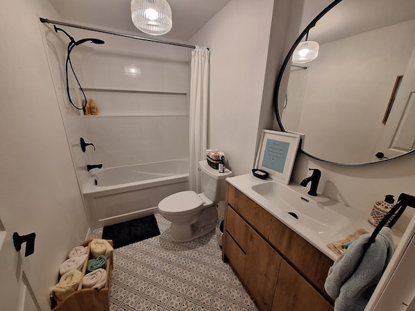 Hair dryer, towels, soap, toilet paper