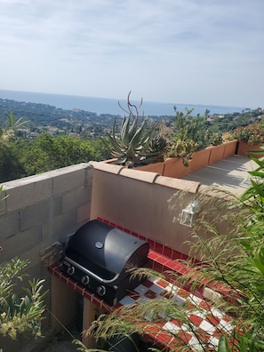 A rooftop with a barbecue grill, potted plants, and a view of a coastal landscape. - Le Mazet du bonheur Issambres (Roquebrune-sur-Argens)