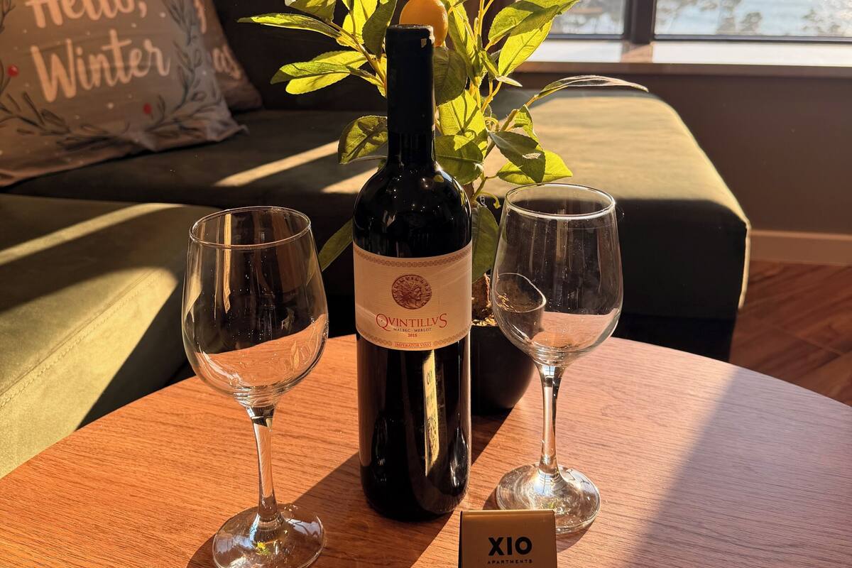 A table with a wine bottle, two wine glasses, a potted plant, and a QR code sign.