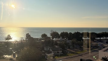 Une vue côtière avec une route, un arrêt de bus et un bâtiment équipé de panneaux solaires.