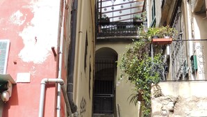 Una escalera estrecha conduce a una puerta con grafitis, rodeada de edificios con balcones y plantas.