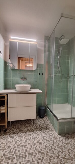 Ducha, secador de pelo, toallas, papel higiénico