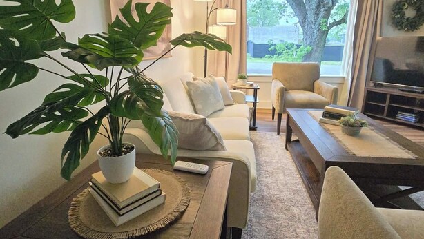 Un salon comprenant un canapé, des fauteuils, une table basse, un téléviseur et une grande plante.