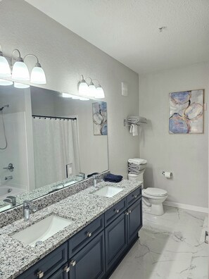Hair dryer, towels, soap, toilet paper
