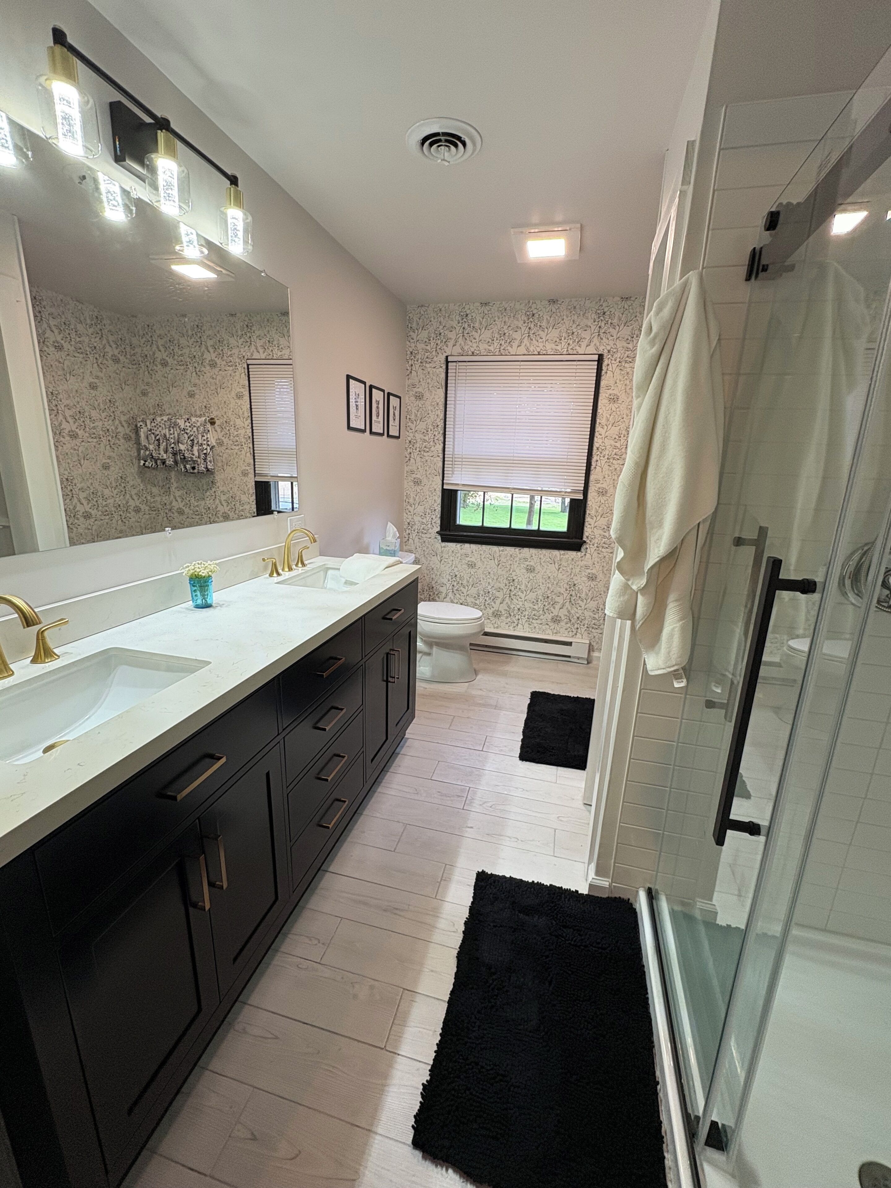 Hair dryer, towels, soap, toilet paper