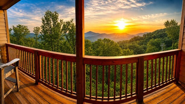 Eine Holzterrasse mit Blick auf ein bewaldetes Gebirge bei Sonnenuntergang.