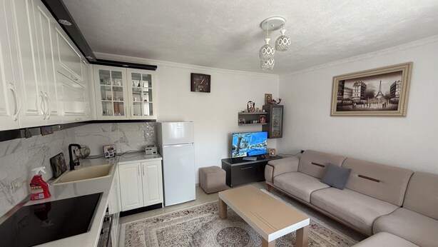 A compact living space with a kitchenette, a sofa, a coffee table, a TV, and a patterned rug.