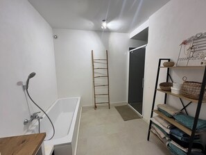 Hair dryer, towels, soap, toilet paper