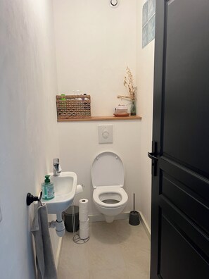 Hair dryer, towels, soap, toilet paper