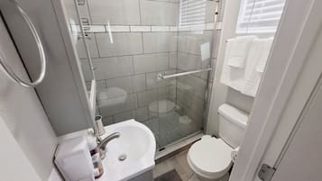 Douche, séchoir à cheveux, serviettes fournies, savon