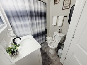 Dusche, Haartrockner, Handtücher, Seife