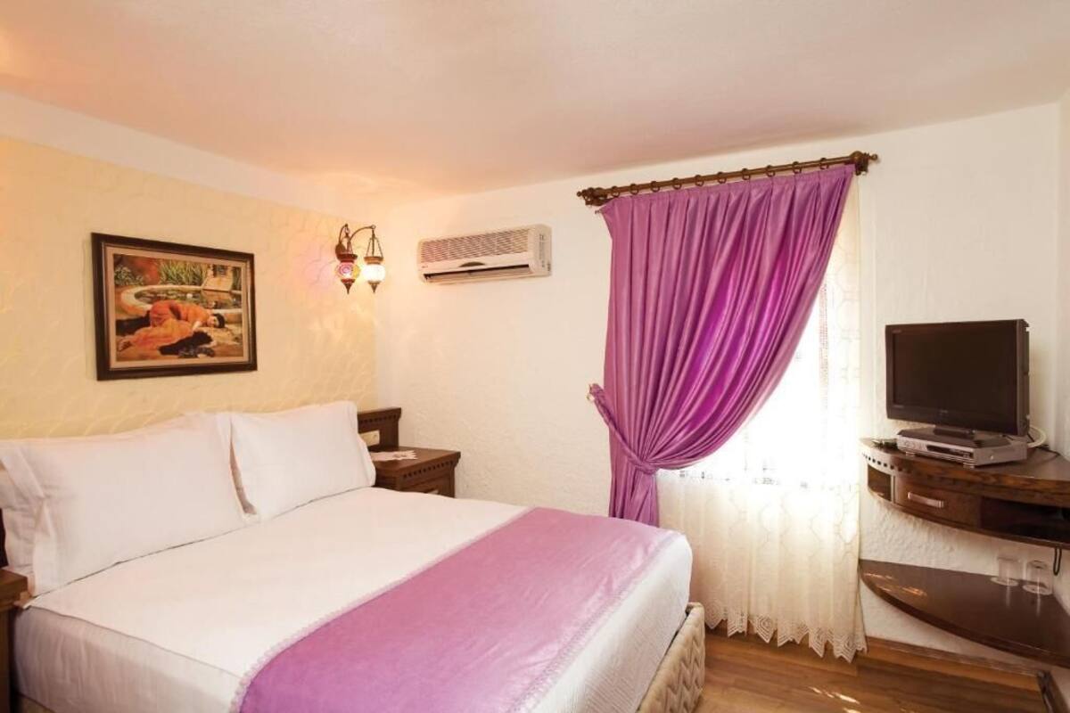 A hotel room with a bed, a television, a painting on the wall, and an air conditioning unit.