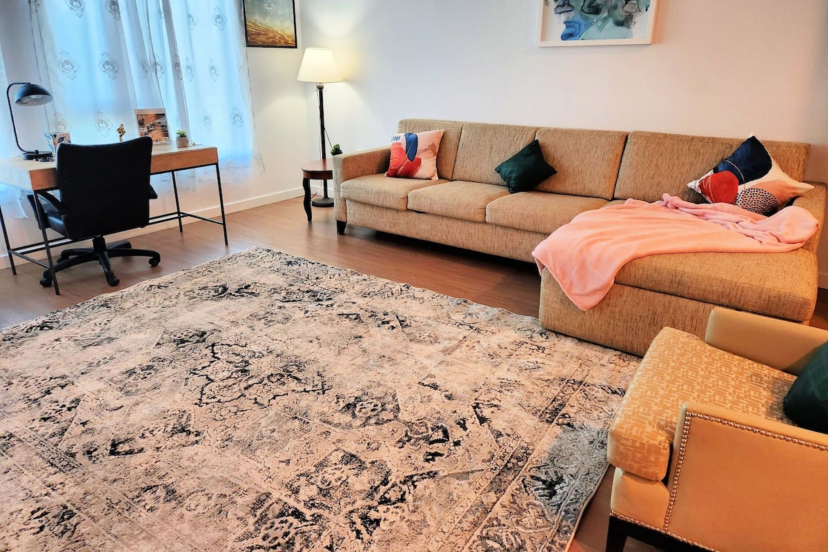 A living room with a sofa, a desk, a chair, a lamp, and a rug.