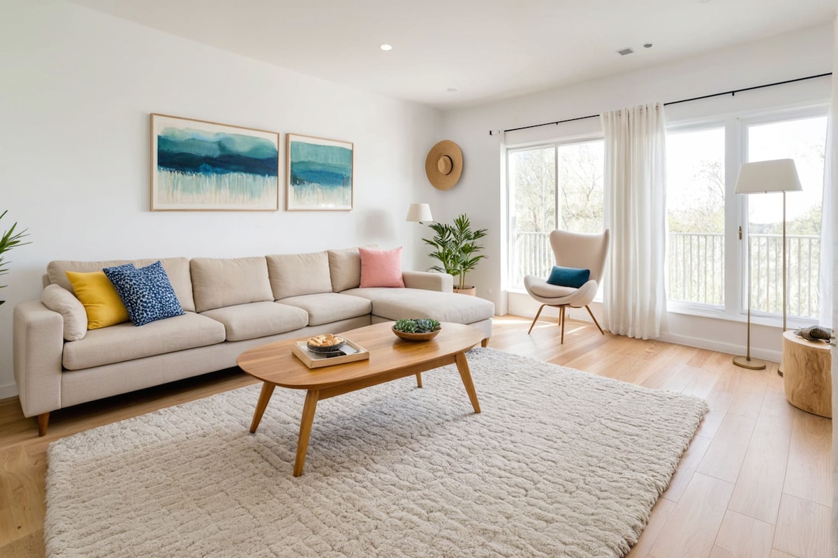 A living room with a beige sofa, a coffee table, and a large window with curtains.