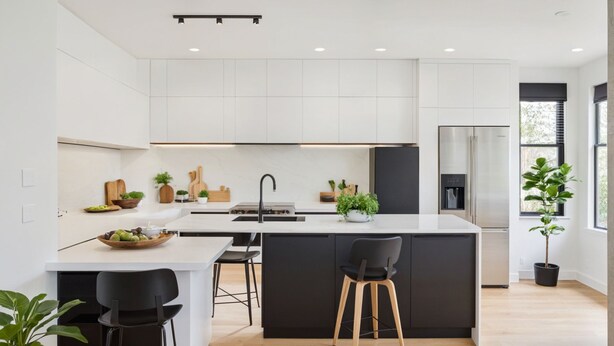 A modern kitchen with white cabinets, a black island, and wooden flooring.