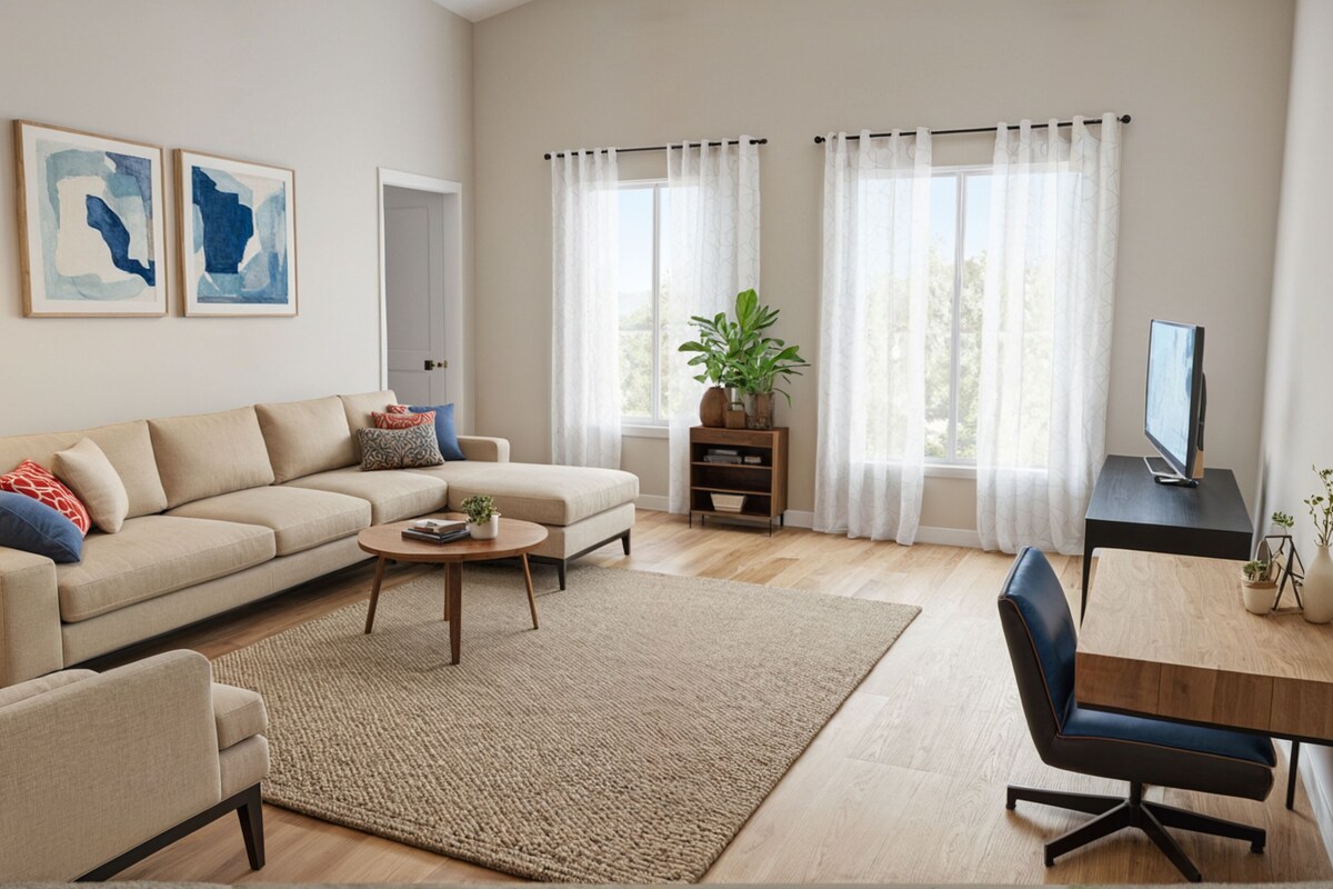 A living room with a sofa, coffee table, TV, and a desk with a chair.
