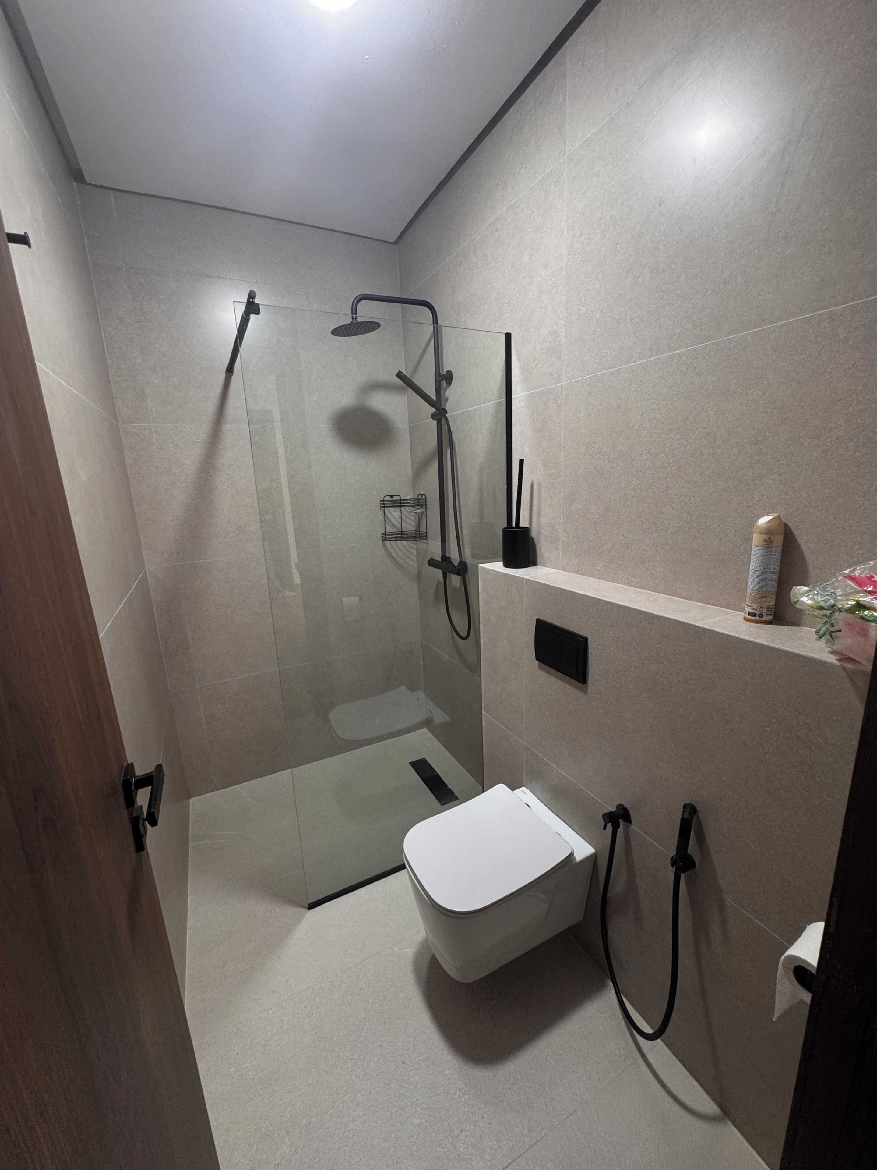 A modern bathroom with a glass-enclosed shower, a toilet, and a shelf with toiletries.