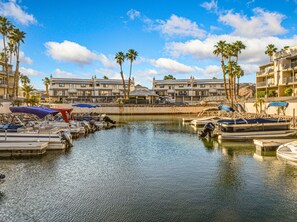 A marina with boats docked, palm trees, and a row of buildings with balconies.