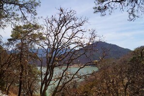 A mountainous landscape with a lake and trees in the foreground.
