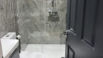 Hair dryer, towels, soap, toilet paper
