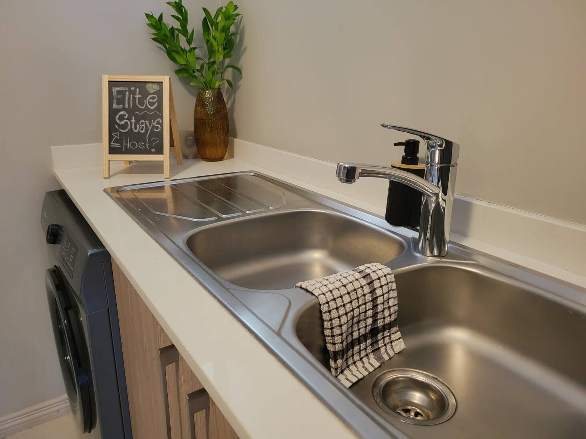 A kitchen with a double sink, a dishwasher, a plant, and a sign that reads 'Elite Stays.'