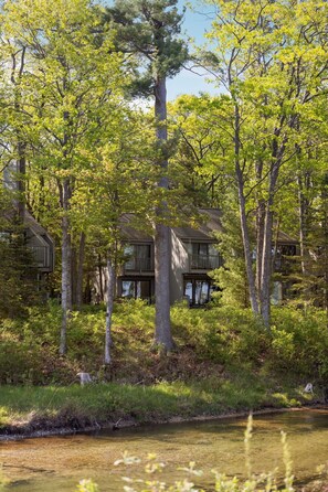 Een chalet met terras, met uitzicht op een rivier, omringd door bomen.
