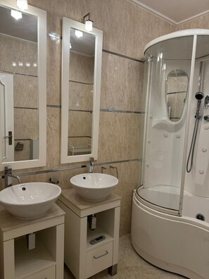 Jetted tub, hair dryer, bidet, towels