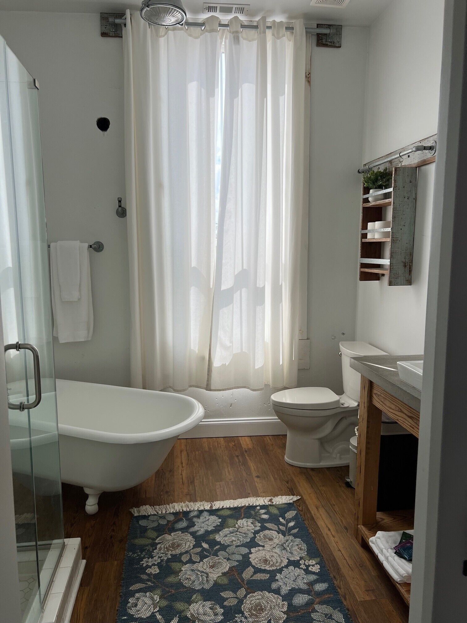 Hair dryer, bidet, towels, soap