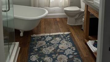 Hair dryer, bidet, towels, soap