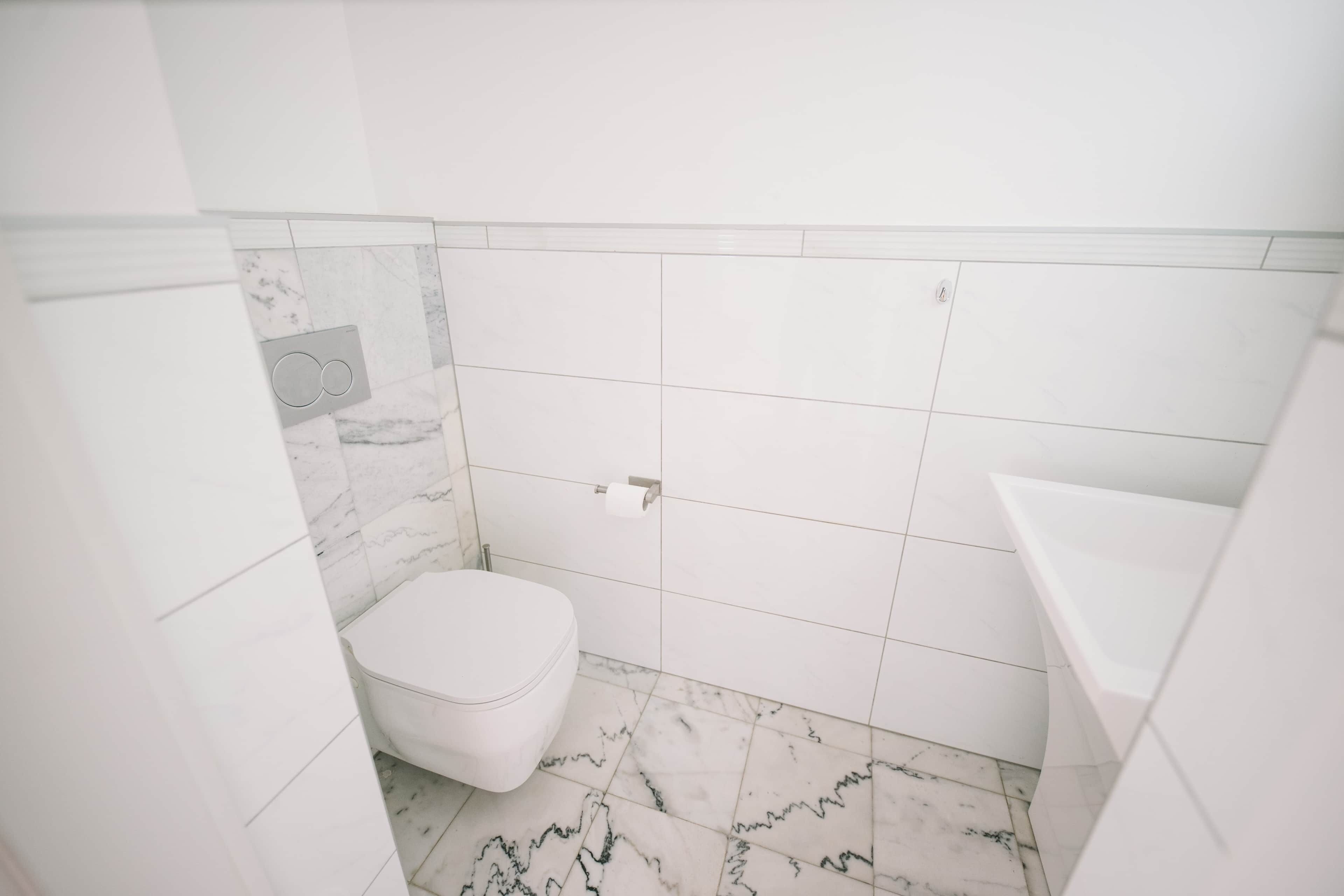 A bathroom with a toilet, a sink, and a shower area.