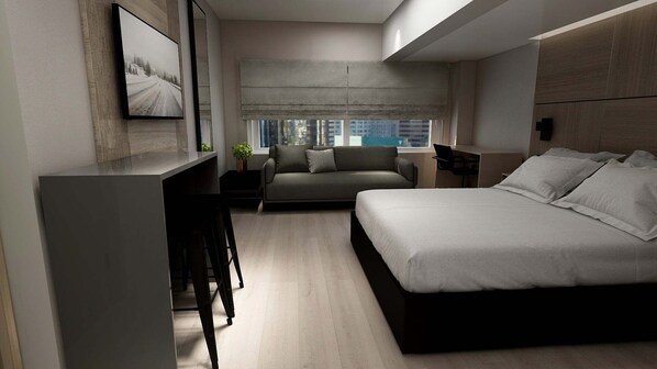 Habitació d'hotel moderna amb llit, escriptori, sofà i una finestra gran amb vista a la ciutat.