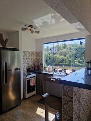 A modern kitchen with a stainless steel refrigerator, a gas stove, and a large window with a view of greenery and birds.