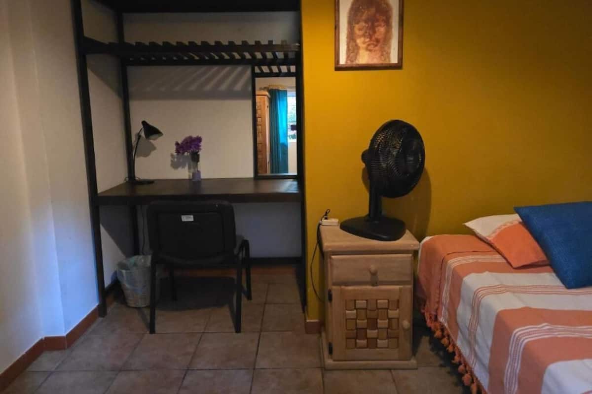 A bedroom with a bed, a desk, a chair, a fan, and a wall-mounted picture.