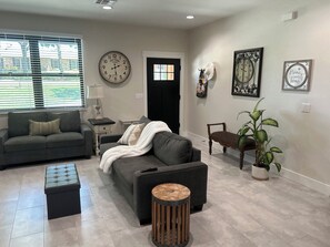Smart TV, fireplace, books