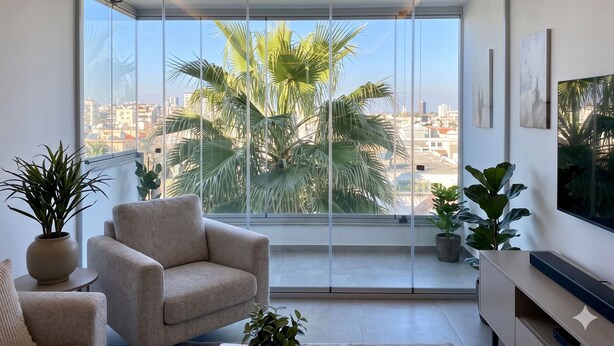 Un salon moderne avec une grande fenêtre, un canapé, un téléviseur et des plantes en pot.