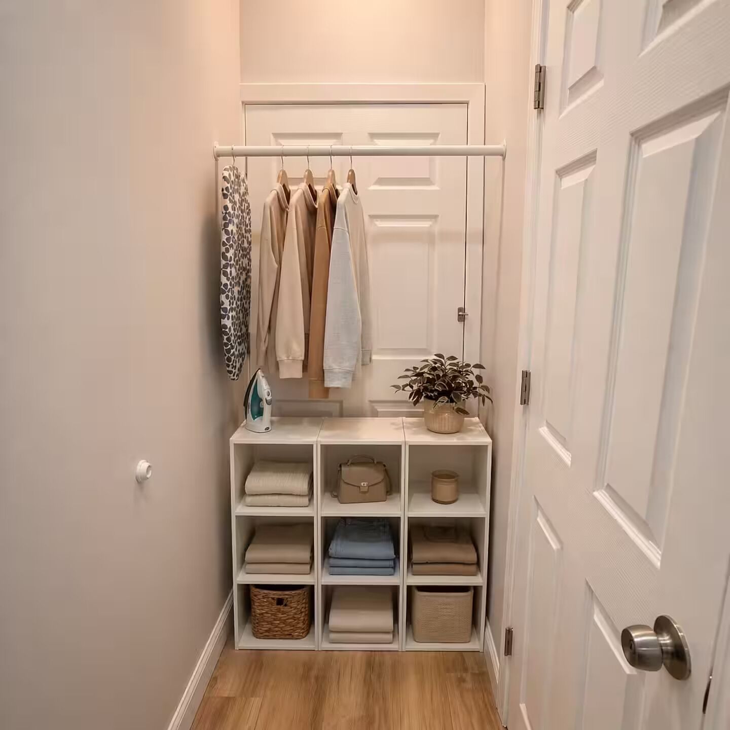A hallway with a white door, a coat rack with clothes, a potted plant, and storage shelves with folded items.