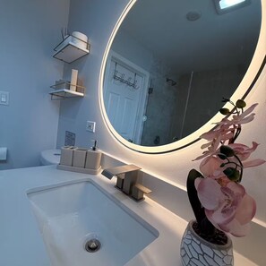 Hair dryer, towels, soap, toilet paper