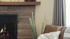 A living room with a fireplace, a sofa, a cactus, and a table with a small plant. - Mid-Century Oasis w/ heated Pool (Tucson)