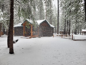 Eine Hütte mit Veranda und schneebedecktem Dach, umgeben von hohen Bäumen.