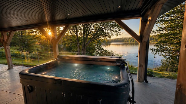 A hot tub in a covered outdoor area with a view of a lake and trees. - Chalet 2025 sur lac Barron navigable Spa, quai, 4 rooms -14 pers - Laurentians (Gore)