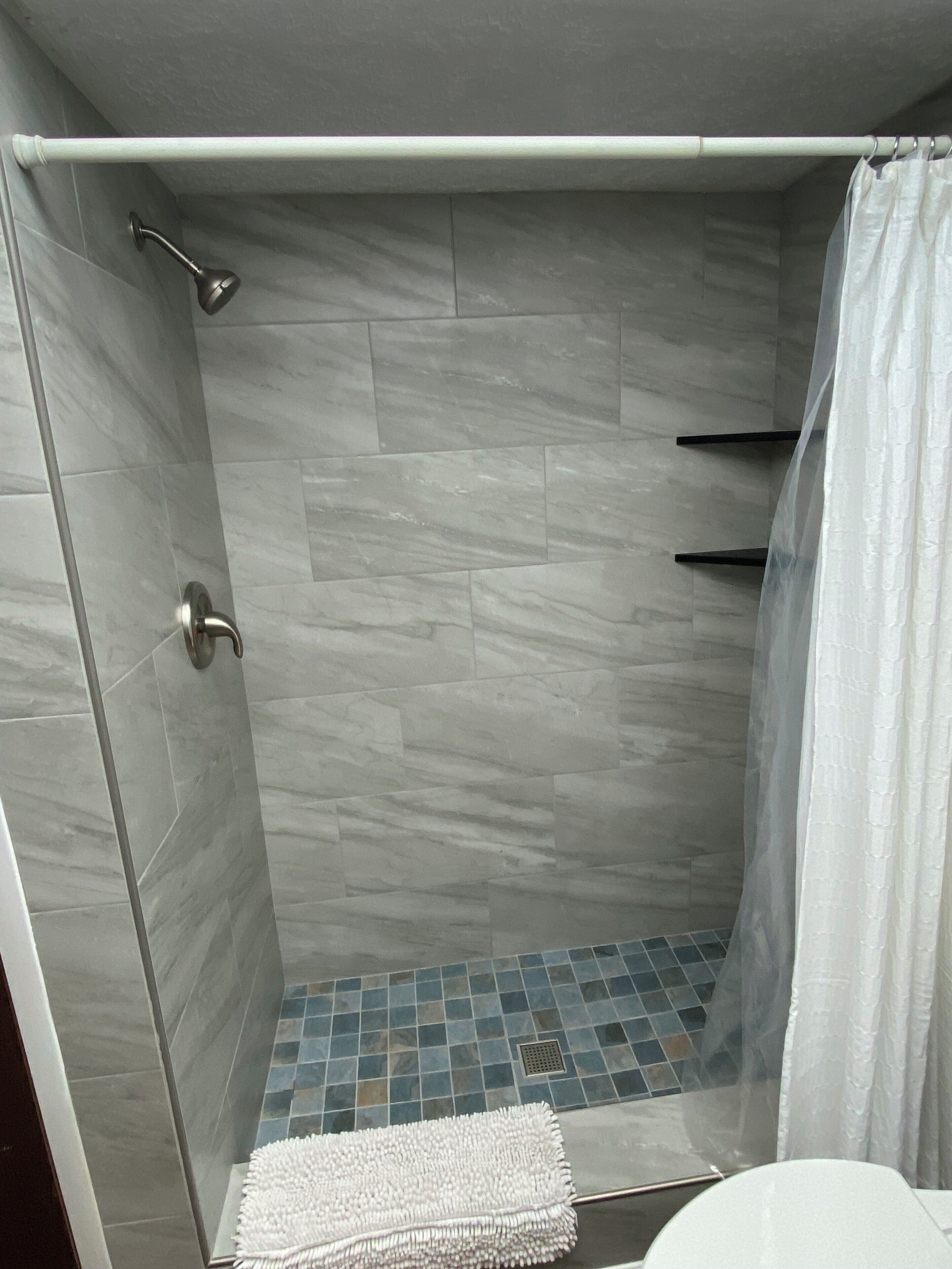 Hair dryer, towels, soap, toilet paper