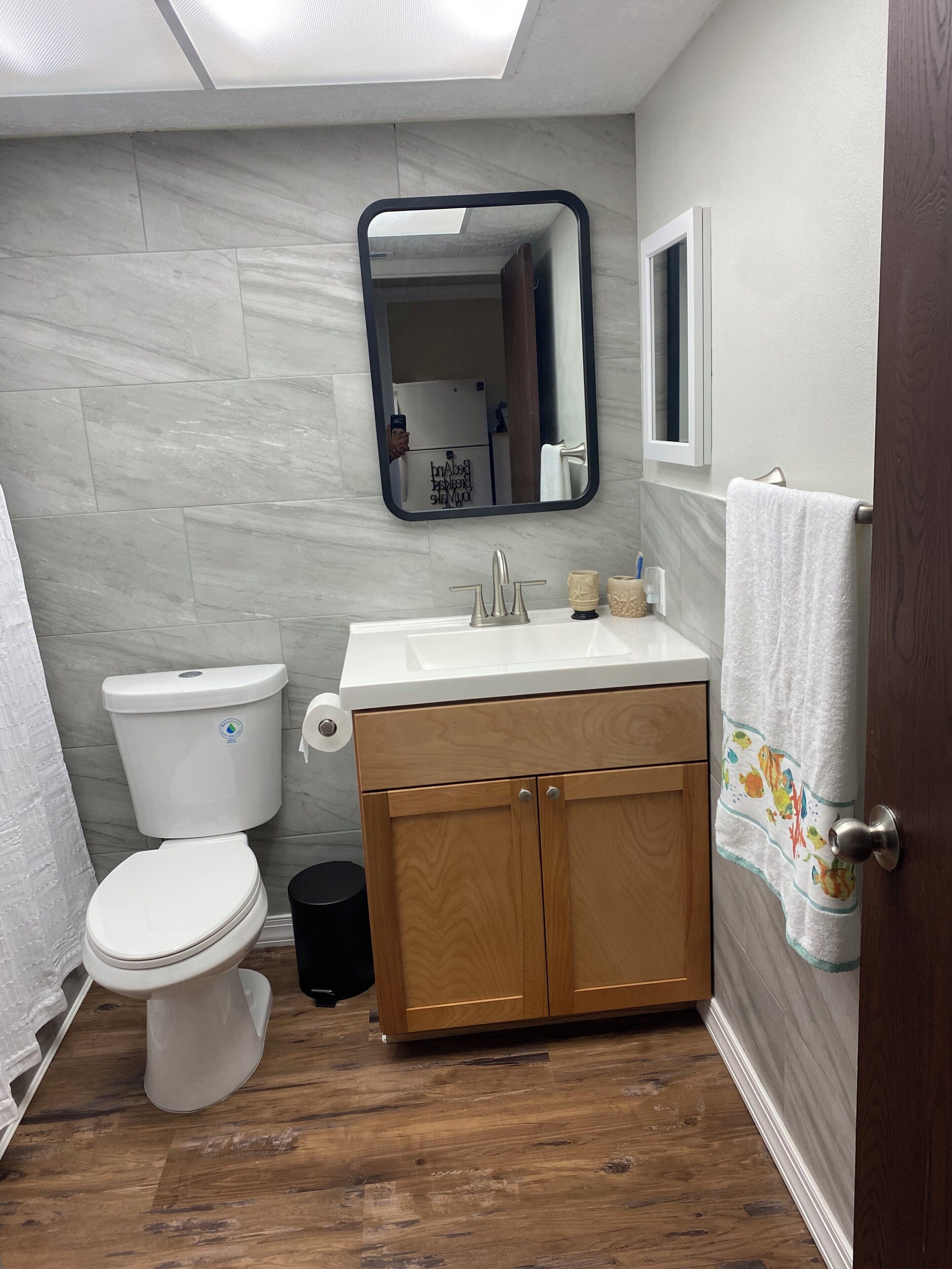 Hair dryer, towels, soap, toilet paper