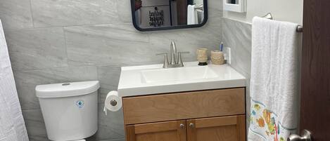 Hair dryer, towels, soap, toilet paper