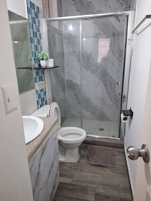 Shower, towels, soap, toilet paper