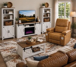 Smart-TV, Kamin, DVD-Player, Bücher