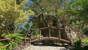 Uma ponte de pedra sobre um caminho pedregoso, com guarda de madeira, cercada por vegetação exuberante e árvores.