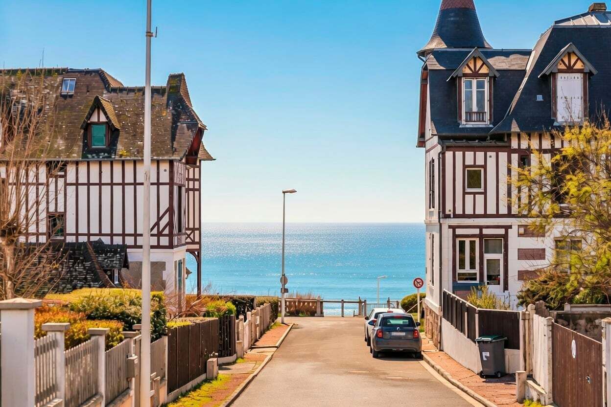 Une rue étroite menant à une zone côtière, bordée de maisons traditionnelles à colombages, avec une voiture garée et une vue dégagée sur la mer.