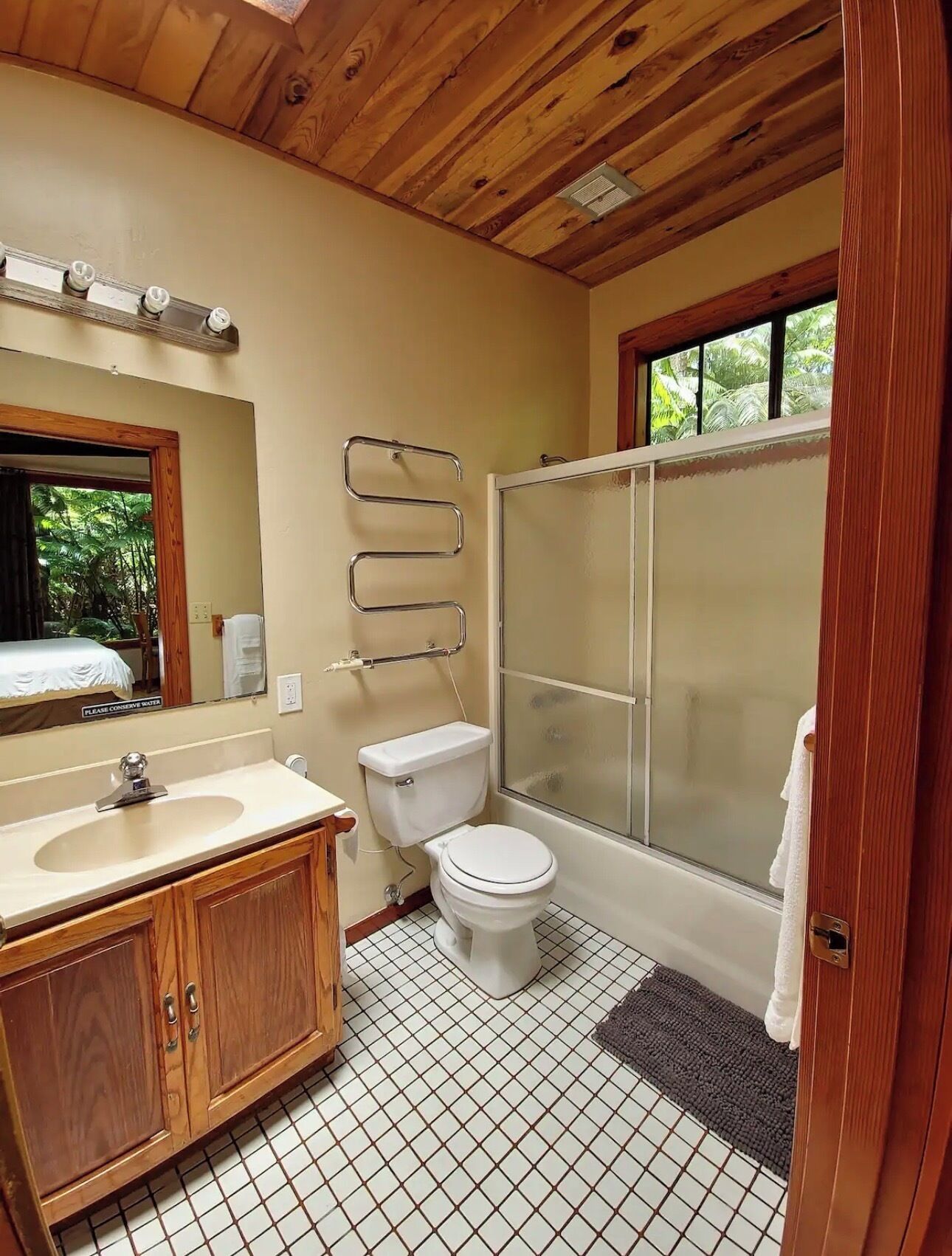 Shower, hair dryer, towels, shampoo
